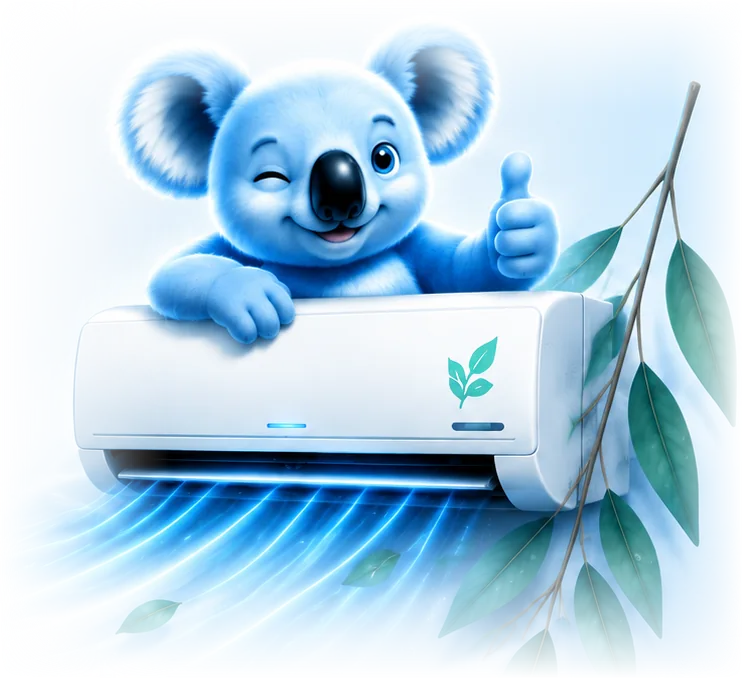 Fresh Flow Aircon Care koala mascot giving a thumbs up over a freshly cleaned split-system air conditioner - Bendigo aircon cleaning service